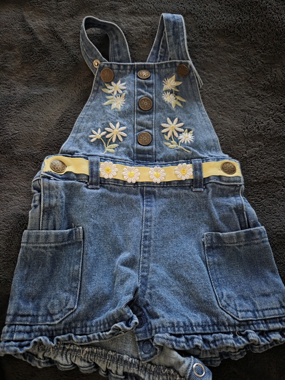Nannette Soft Denim Daisy Kids Overalls with Yellow Daisy Belt-MISSING 1 BUTTON
